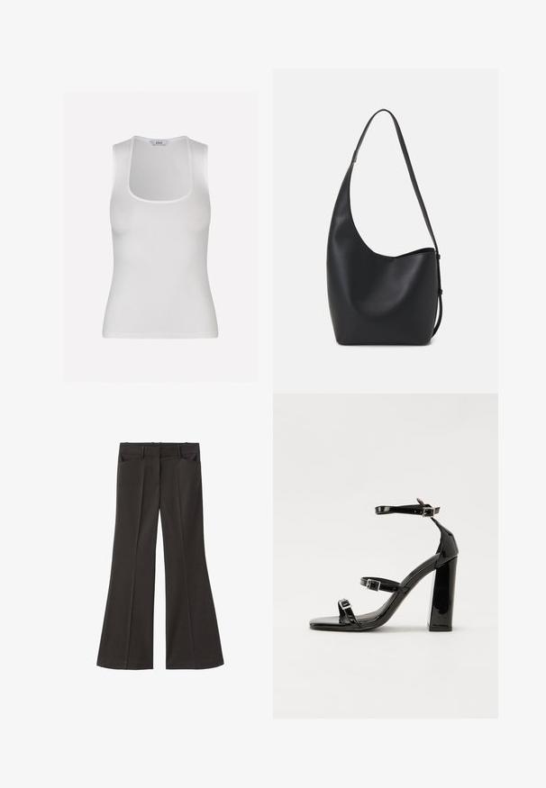 Envii MARTA TEE - Top - white; Pantaloni neri a zampa d'elefante con vita alta; presentano due tasche frontali e una texture del tessuto liscia. Adatti per varie occasioni.; Sandali con tacco in vernice nera, con punta squadrata, cinturini alla caviglia e fibbie in argento. Presentano un tacco a blocco spesso per maggiore stabilità.; Borsa hobo nera in pelle con una superficie liscia, forma curvata e una singola tracolla regolabile; presenta un'ampia apertura nella parte superiore.