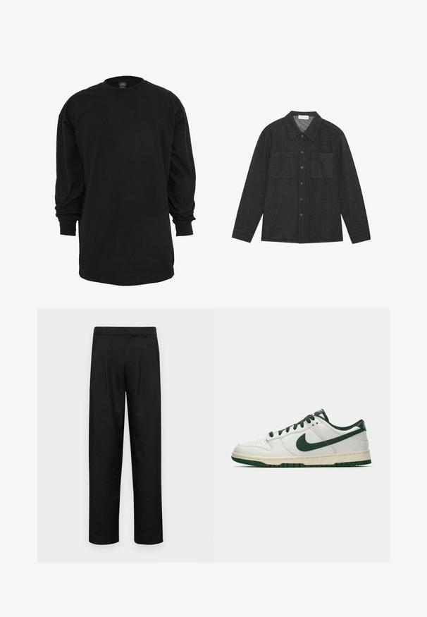 Sort langærmet t-shirt lavet af bomuld. Har en rund halsudskæring og almindelig pasform. Glat tekstur uden synlige mønstre eller detaljer.; Mørkegrå skjorte lavet af tekstureret stof, med en spidse krave, knaplukning fortil og to brystlommer. Lange ærmer med knapmanchetter.; Sorte bukser lavet af glat stof, med et lige ben-design, to frontfolder og en standard talje med bæltestropper.; Hvide lavtop sneakers med mørkegrøn Nike swoosh, snørebånd og sål accenter, vist i profil på en ensfarvet hvid baggrund.