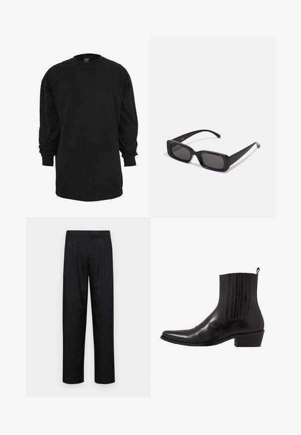 T-shirt nero a maniche lunghe realizzato in cotone. Presenta un colletto rotondo e una vestibilità regolare. Texture liscia senza motivi o accenti visibili.; Pantaloni neri realizzati in tessuto liscio, caratterizzati da un taglio dritto, due pieghe frontali e una vita standard con passanti per la cintura.; Stivale alla caviglia in pelle nera con punta affusolata, pannelli laterali elasticizzati, accenti di cuciture verticali e tacco a blocco basso.; Occhiali da sole neri rettangolari con lenti scure, finitura lucida, aste larghe e design della montatura spessa. Nome del marchio inciso su un'asta.