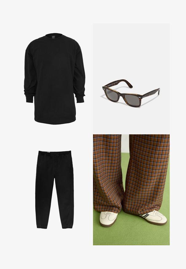 Černé tričko s dlouhým rukávem vyrobené z bavlny. Má kulatý výstřih a běžný střih. Hladký povrch bez viditelných vzorů nebo akcentů.; Černé kalhoty s elastickým pasem a stahovací šňůrkou, se zúženými nohavicemi, bočními kapsami a jemnými detaily bočního šití. Měkká textilie z bavlny.; Hnědo-modré kostkované široké kalhoty doplněné bílými botami s černými akcenty a texturovanou podrážkou, umístěné na zeleném pozadí.; Kočičí sluneční brýle s šedými skly a čtvercovým rámem, zdobené kovovými detaily na stranách a logem v rámci designu.