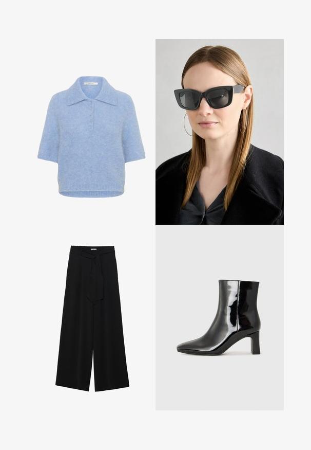 Top de malha azul claro, de manga curta, com colarinho e lista de cinco botões. Textura suave, com um caimento ligeiramente boxy e bainha canelada.; Calças largas pretas com um tecido texturizado, uma cintura elástica e um laço destacável na cintura para um ajuste ajustável.; Botim de tornozelo em pele sintética preta com bico apontado e salto bloco de altura média. Textura suave e design minimalista.; Óculos de sol pretos em formato de gato com lentes escuras, armações grossas e acentos subtis. Usados com um casaco preto e uma blusa cinza, apresentando cabelo longo e liso.