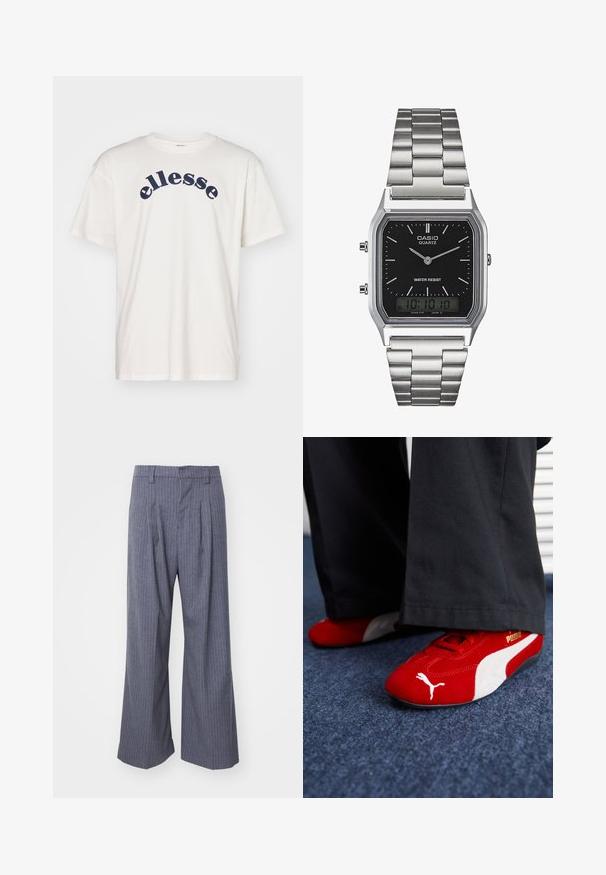Camiseta de algodón blanca con un logo curvado de "ellesse" en color azul marino en el pecho. Mangas cortas y un diseño de corte relajado.; Pantalones de rayas gris con un diseño de pierna ancha, que presentan pliegues en la parte delantera y una textura suave. Sin hardware ni acentos visibles.; Zapatillas de ante rojas con acentos blancos, que cuentan con material texturizado, punta redonda y un logo dorado en el lateral, combinadas con pantalones negros.; Reloj de cuarzo de acero inoxidable plateado con una esfera rectangular negra, que presenta manecillas analógicas, pantalla digital y etiqueta de resistencia al agua.; Cinco anillos de plata: uno con un detalle circular negro, uno con un patrón geométrico en blanco y negro, y otros con diversas formas y acabados.