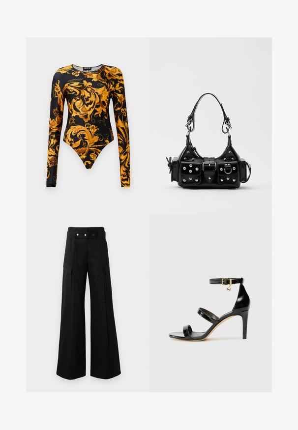 Fekete bodyszut hosszú ujjal, díszes arany virágmintákkal és magas szabású lábformával. Simogató, sima anyagból készült.; Fekete, bő szárú nadrág magas derékkal, nagyméretű oldalsó zsebekkel, két elülső gombbal és hurok részlettel. Tartós anyagból készült.; Fekete lakk bőr szandál három pánttal, bokapánttal és 10 cm magasságú tűsarokkal. Arany színű részletekkel és logó charm-mal rendelkezik.; Fekete bőr kézitáska ívelt designnal, ezüst szegecsekkel, csattal és két oldalsó zsebbel. Állítható vállpánt a hordozási lehetőségekhez.