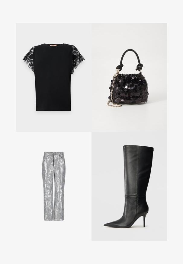 Črna majica s kratkimi rokavi iz mehkega materiala z zahtevnimi črnimi čipkastimi poudarki na ramenih, z značilnim okroglim izrezom.; Hlače z srebrnim vezenjem z vzorcem listov, ravne noge in gladka, sijoča tekstura. Funkcionalni žepi in zapiranje na gumb.; Črne usnjene škornje do kolen s koničastim nosom in ozkim stiletto peto, gladka tekstura, stranski profil na nevtralni ozadju.; Črna mini torbica s palčkami iz bleščic, z vozlanim teksturiranim trakom in srebrnima verigama. Okrogla oblika z nabranim vrhom in odsevnimi detajli.