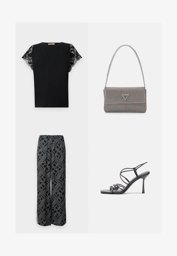 Camiseta scurtă, neagră, cu mânecă scurtă, realizată dintr-un material moale, și cu detalii intricate din dantelă neagră pe umeri, având un design clasic cu gât rotund.; Pantaloni largi din țesătură neagră cu un model geometric alb. Talie elastică, design fluid și fente laterale.; Sandale negre cu toc înalt au curele subțiri cu un design legat, un vârf pătrat neted și un toc stiletto elegant.; Geantă metalică gri deschis, cu un strap din lanț, decorată cu mici ținte circulare metalice și un logo de marcă triangular.; Cercei rotunzi din argint cu un finisaj neted și strălucitor. Design ușor, având o formă rotundă și închidere cu tijă.