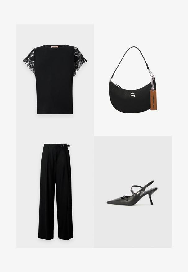 Melnā īsajās piedurknēs T-kreklā ir mīksts audums un sarežģīti melni mežģīņu akcenti uz pleciem, piedāvājot klasisku apaļa kakla dizainu.; Melni plaši bikses ar augsto jostasvītru, priekšā ar krokojiem un jostu ar sprādzi. Izgatavotas no gludas, vieglas auduma.; Melnas ādas slingback papēži ar norādītu purngalu, izsmalcinātu papēdi un dekoratīvu sprādzi uz priekšpuses. Gluda tekstūra un elegants dizains.; Melnas ādas rokassomu ar akmens struktūru, izliekta forma, augšējā rāvējslēdzēja aizvēršana, sudraba detaļas un brūns birkas. Iespējas logotipa akcentam.