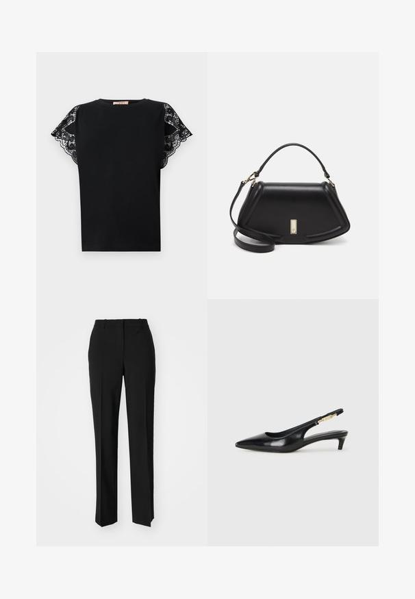 Must mustärgne lühikeste varrukatega T-särk pehmest kangast, millel on keerukad mustad pitsaktsendid õlgadel, klassikalise ümmarguse kaelusega disain.; Mustad ja sirged püksid, millel on sile tekstuur ja teravad voldid esiosas. Ilma nähtavate detailideta.; Mustad nahast slingback kontsad terava ninaga, millel on õhuke konts ja kuldse tooni aktsent reguleeritaval rihmal. Sile tekstuur.; Must mustrist käekott, millel on struktureeritud disain, lühendatud kuju, ülemine käepide ja kuldne metallist detail. Reguleeritav õlalihm on kaasas.