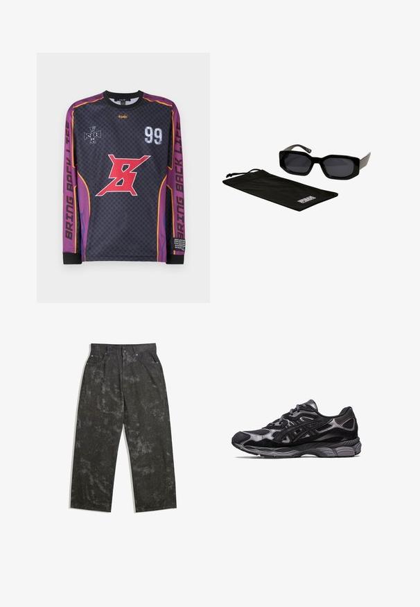 Pitkähihaista mustaa joogapaitaa, jossa on purppuranväriset yksityiskohdat, punainen grafiikka, tekstit "99" ja "BRING BACK LIFE", ruutukuviota ja tekstuuriset hiharesorit.; Tummanharmaat farkut löysällä istuvuudella, joissa on hillityt läikikkäät kuviot ja metalliset yksityiskohdat. Viiden taskun muotoilu.; Mustat urheilukengät, joissa on verkko- ja mokkanahkainen yläosa, jossa on teksturoitu muotoilu ja kestävä, pehmustettu harmaa pohja.; Mustat aurinkolasit, joissa on kulmikkaat, ylisuuret kehykset ja tummat linssit, yhdessä mustan mikrokuivaimen kanssa, jossa on logo.