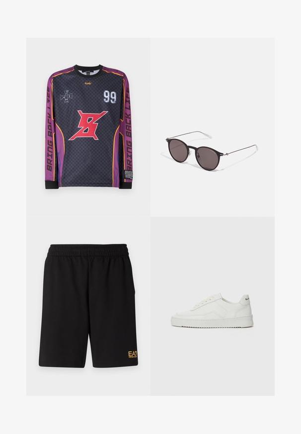 Hosszú ujjú fekete mez lila díszítéssel, piros grafikával, "99" és "Hozd vissza az életet" szöveggel, kockás mintázattal és textúrázott mandzsettákkal.; Fekete sportnadrág puha anyagból, rugalmas derékkal és egy kis sárga EA7 logóval a bal alsó lábszáron.; Fehér bőr sportcipő sima felülettel, kerek orral, lapos fűzőkkel és texturált talppal. Finom logó található a sarokon.; Fekete kerek napszemüveg sötét lencsékkel és karcsú fém szárakkal. Átlátszó szárvégeket és ezüst részleteket tartalmaz az ívnél. Minimalista dizájn.