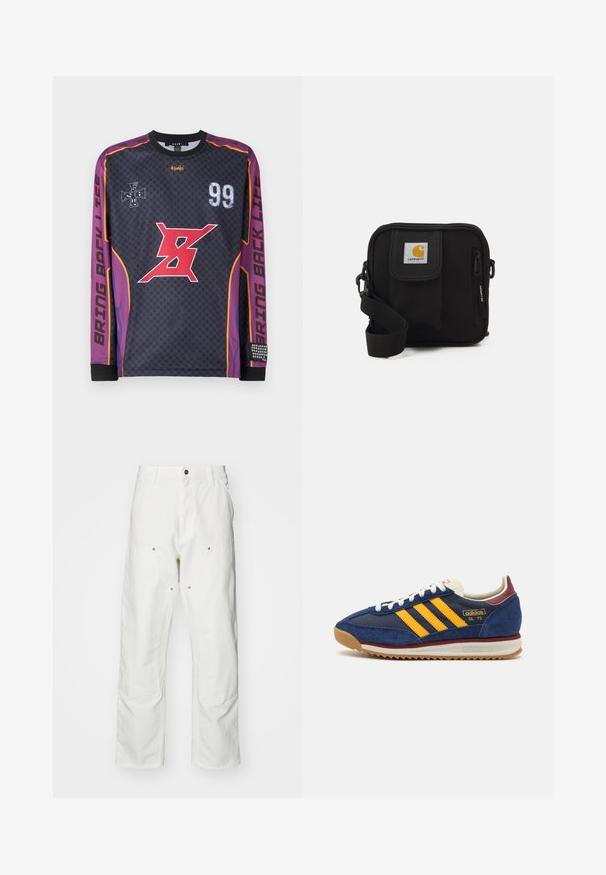 Long-sleeve black jersey with purple accents, featuring red graphic, "99" and "BRING BACK LIFE" text, checkered pattern, and textured cuffs.; White cotton cargo pants with a relaxed fit. Features include front pockets, gold hardware accents, and reinforced knee sections.; Navy suede sneaker with yellow stripes, white laces, and burgundy accents. Textured sole with grooves for traction. Brand logo on side.; Black crossbody bag with a zippered main compartment, front pocket, adjustable strap, and a visible logo patch on the flap.