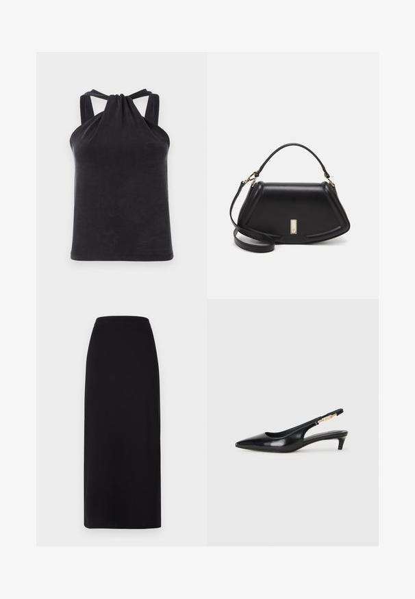 Zwarte haltertop van gladde stof, met een knoopdetail bij de halslijn en brede bandjes die naar de achterkant lopen.; Zwarte, enkel-lange rok met een aangesloten tailleband. Gemaakt van zachte, rekbare stof, met een gladde textuur en geen zichtbare versieringen.; Zwarte leren slingback hakken met een spitse neus, voorzien van een slanke hak en een goudkleurige accent op de verstelbare band. Gladde textuur.; Zwarte leren handtas met een gestructureerd ontwerp, featuring een verkorte vorm, bovenhandvat en gouden hardwareaccent. Inclusief verstelbare schouderband.