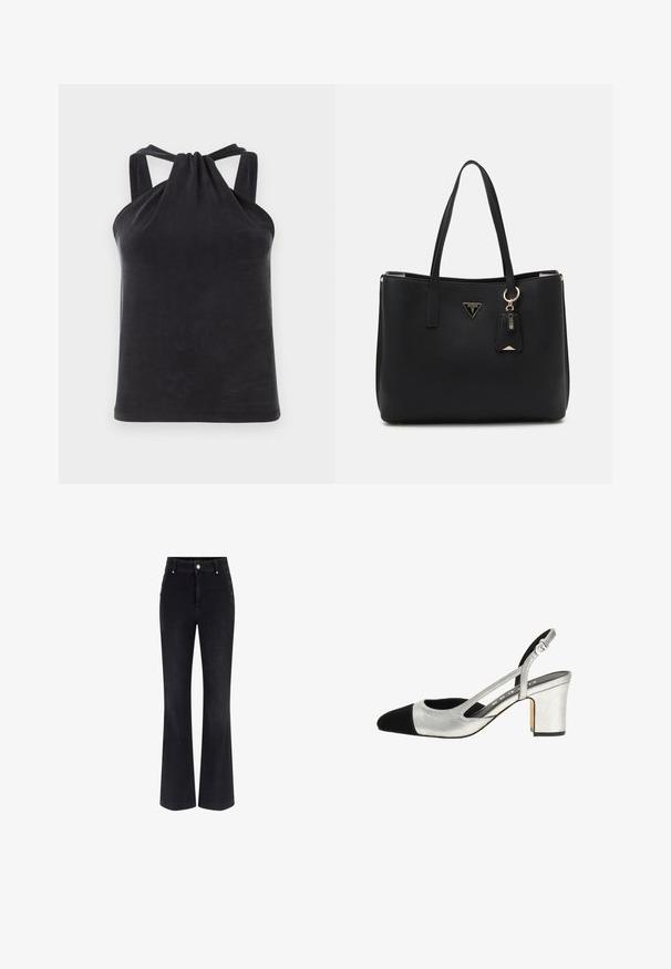 Czarny top na halter wykonany z gładkiego materiału, z detalem w postaci węzła przy dekolcie i szerokimi ramiączkami łączącymi się z tyłem.; Czarne dżinsy dzwonowe z wysokim stanem, pięcioma kieszeniami i metalowymi guzikami po bokach. Gładka tekstura i klasyczny krój.; Srebrne czółenka na słupku z czarnym czubkiem, o fakturowanej cholewce. Posiadają wycięte boki oraz regulowany pasek dla lepszego dopasowania.; Czarna torba na ramię wykonana z teksturowanego materiału syntetycznego, z dwoma uchwytami, złotą blaszką z logo oraz małą metką z detalem akcentującym.
