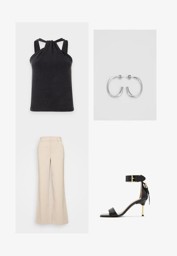 Čierny top s halter výstrihom vyrobený z hladkej tkaniny, s detailom uzla na výstrihu a širokými ramienkami spojenými s chrbtom.; Bežové nohavice s širokými nohavicami a hladkou textúrou, s vysokým pásom a dvoma prednými vreckami. Čistý dizajn s prispôsobeným strihom.; Čierne kožené sandále na podpätku so štvorcovou špičkou, remienkom okolo členka s zlatou sponou a štíhlym kovovým podpätkom. Hladká textúra, minimalistický dizajn.; Strieborné kruhové náušnice s hladkým a lesklým povrchom. Okrúhly tvar, ľahký dizajn, s uzáverom na kolík.