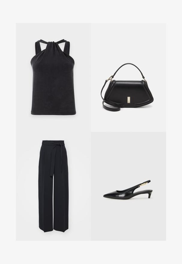 Top nero a halter realizzato in tessuto morbido, con dettaglio a nodo sullo scollo e spalline larghe che si collegano sul retro.; Pantaloni neri a gamba larga realizzati in tessuto morbido. Caratterizzati da una vita con cintura e pieghe frontali. Texture liscia con un design pulito e contemporaneo.; Tacchi slingback in pelle nera con punta affusolata, caratterizzati da un tacco alto e un accento dorato sulla cinghia regolabile. Texture liscia.; Borsa a mano in pelle nera con un design strutturato, caratterizzata da una forma corta, manico superiore e accessori in metallo dorato. Inclusa tracolla regolabile.