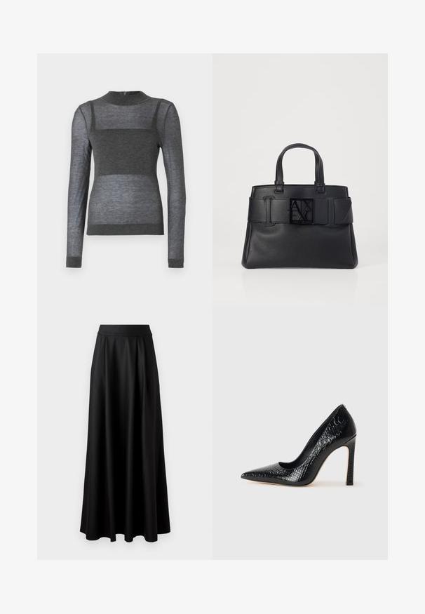 Grijze langärmige top van lichtgewicht stof met een ribbelachtige ronde hals en een semi-doorzichtige gestreepte print over het torso.; Zwarte rok tot op de vloer met een gladde textuur, brede tailleband en geplooid ontwerp, zonder zichtbare patronen of versieringen.; Zwarte puntige hoge hak schoen met een krokodillenleren textuur, met een slank ontwerp, hoge stiletto-hak, en een gladde zwarte binnenkant.; Zwarte leren tote bag met een gekarteld oppervlak, brede schouderband met een gesp detail en een vierkant logo aan de voorkant. Twee handvatten aan de bovenkant.