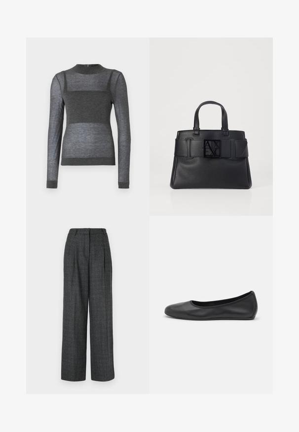 Pelēks garām piedurknēm tops, izgatavots no viegla auduma, ar ribotiem apaļiem kakla izgriezumiem un puscaurspīdīgu svītrainu dizainu visā torso daļā.; Pelēki plati bikses ar teksturētu audumu, ar priekšējām krokām, augstu jostu un piegriezumu, kas nodrošina strukturētu izskatu.; Melna ādas baleta kurpe ar noapaļotu purngalu, gludu tekstūru, minimālu šuvju detalizāciju un elastīgu zoles dizainu.; Melnas ādas somas ar teksturētu virsmu, platām siksnām ar sprādzi un kvadrātveida logo priekšā. Divi augšējie rokturi.