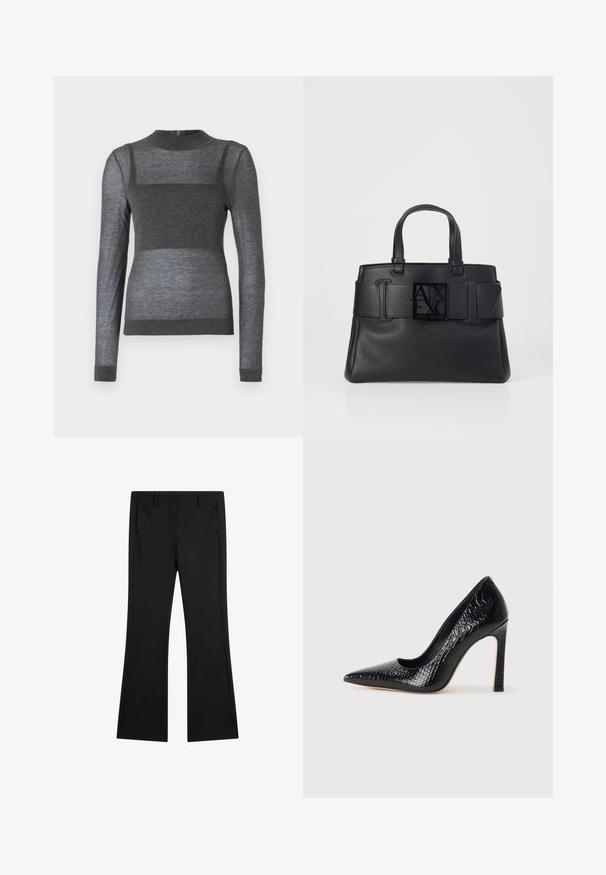 Grå langærmet top lavet af let stof, med et ribbet rundhalsudskæring og et semi-gennemsigtigt stribet design over brystet.; Sorte flagrende bukser lavet af glat stof, med forlommer og en skræddersyet pasform med pressede foldelinjer for et poleret udseende.; Sorte spidse tå stiletto-sko i krokodilleskind med et strømlinet design, høj hæl og glat sort inderside.; Sort læder tote taske med en struktureret overflade, bred rem med spænde detaljer og et firkantet logo på forsiden. To håndtag i toppen.