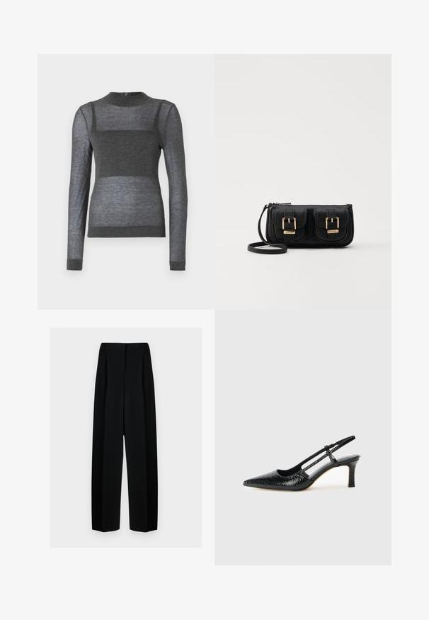 Sivi longsleeve top od lagane tkanine s rebrastim okruglim izrezom i poluprozirnim prugastim dizajnom na tijelu.; Crne široke hlače s visokim strukom, s naborima i glatkom teksturom. Tkanina izgleda lagano i elegantno pada.; Crne lakirane slingback pete s oštrim vrhom, s teksturiranim uzorkom zmijske kože, podesivom remenom i kratkom, teksturiranom blok-petom.; Crna kožna torba preko ramena s dva prednja džepa, zlatnim kopčama, zatvaranjem na zip i uskim remenom. Teksturirana površina i kompaktan pravokutan oblik.