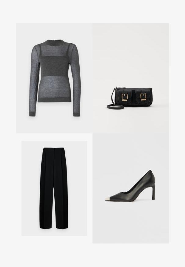 Gray long-sleeve top made of lightweight fabric featuring a ribbed crew neck and a semi-sheer striped design across the torso.; Black wide-leg trousers with a high waist, featuring pleats and a smooth texture. The fabric appears lightweight and drapes elegantly.; Black leather high heel shoe with a pointed toe and a metallic silver cap. Features a smooth finish and a slender 10 cm heel.; Black leather crossbody bag with two front pockets, gold buckles, zipper closure, and a slim strap. Textured surface and compact rectangular shape.
