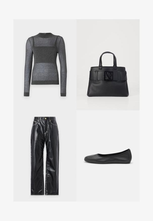 Siva dolgi rokav majica iz lahkega blaga z žabastim ovratnikom in polprosojnim črtastim vzorcem po torzu.; Črne hlače iz umetnega usnja s širokim krojem, z belim šivom, sprednjimi žepi in zlatim gumbom na pasu.; Črne usnjene balerinke z zaobljenim nosom, gladko teksturo, minimalnimi šivi in fleksibilno zasnovo podplata.; Črna usnjena torba s strukturiranim zaključkom, širokim trak z detajlom s sponko ter kvadratnim logotipom na sprednji strani. Dva zgornja ročaja.