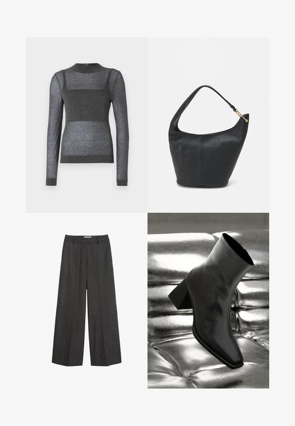 Graues Langarmshirt aus leichtem Stoff mit einem gerippten Rundhalsausschnitt und einem halbtransparenten gestreiften Design über dem Torso.; Weite Hose aus dunkelgrauem Stoff. Verfügt über einen maßgeschneiderten Bund mit Gürtelschlaufen, glatter Textur und minimalen Nähakzenten.; Schwarzer Knöchelstiefel aus glänzendem Material mit quadratischer Zehenform und verjüngtem Absatz, vor einem glänzenden silbernen gepolsterten Hintergrund.; Schwarze Lederhandtasche mit abgerundeter Form, breitem Tragegurt und strukturiertem Finish. Besitzt eine subtile Nahtdetails und einen Akzent aus goldfarbenem Metall.