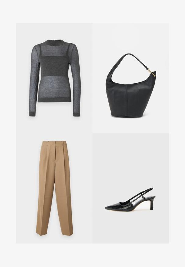 Gray long-sleeve top made of lightweight fabric featuring a ribbed crew neck and a semi-sheer striped design across the torso.; Beige tailored trousers with a high waist, pleated front, and wide-leg cut. The fabric appears smooth with a slight sheen.; Black patent slingback heel with a pointed toe, featuring textured snake print, adjustable strap, and a short, textured block heel.; Black leather handbag with a rounded shape, a wide strap, and a textured finish. Features a subtle seam detail and a gold-tone hardware accent.