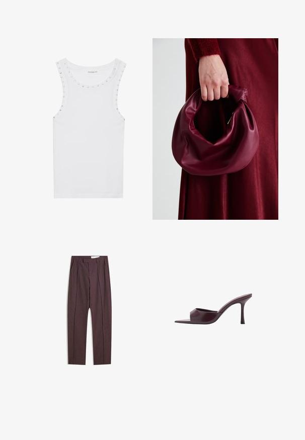 Top alb fără mâneci, confecționat din bumbac, având un decolteu rotund împodobit cu xilozuri argintii pe umeri pentru un plus de detaliu.; Pantaloni purpurii cu dungi, cu pliuri, având talie înaltă și un croi drept. Confecționați dintr-un material neted, texturat.; Muleuri cu toc înalt burgundy, cu vârf pătrat, fabricate din piele netedă. Prezintă un design elegant, minimalist și un toc conic.; Geantă de mână din piele burgundă, cu un design moale și pliat și o formă rotundă. Mânerele sunt securizate, evidențiind o textură netedă.
