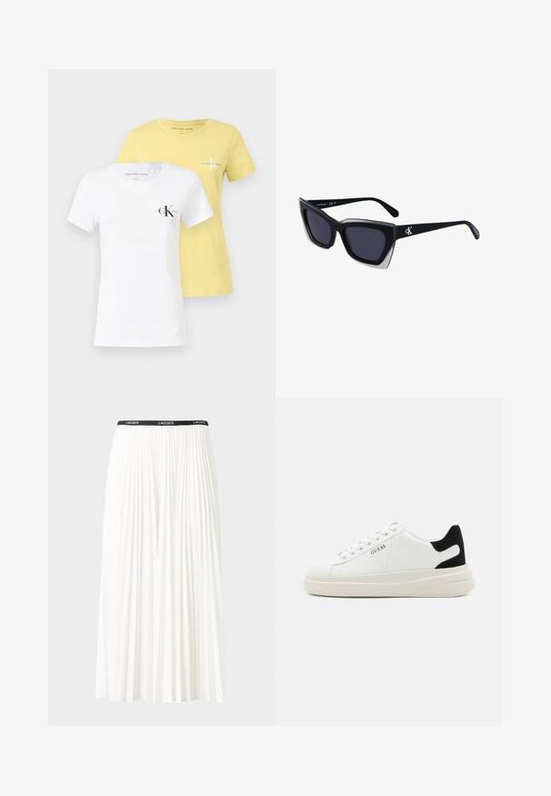 Dvoje triček: jedno bílé a jedno žluté, obě s krátkým rukávem a kulatým výstřihem. Každé z nich má na hrudi logo "Calvin Klein Jeans".; Záhybová bílá sukně s černým elastickým pasem s logem "LACOSTE". Suška je střední délky a má jemnou texturu.; Bílé kožené tenisky s tlustou bílou podrážkou, černým semišovým akcentem na patě a vyraženým logem na boku. Šněrovací design se šesti očka.; Černé oversized sluneční brýle geometrického tvaru, s tmavými skly a kontrastním šedým detailem na rámu. Logo na rameni.