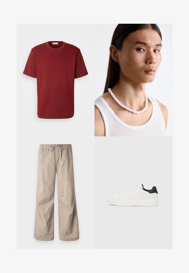 Lindbergh O-NECK TEE - T-shirt básica - dark red; Calças largas bege com cintura elástica e cordão. Textura suave, dois bolsos laterais e costuras mínimas para um ajuste descontraído.; Sapatilhas brancas de couro com padrão em relevo, entressola texturizada branca e detalhe em preto no calcanhar. Apresentam ponta arredondada e atacadores planos.; Colar de conchas brancas composto por formas irregulares, usado sobre uma camisola justa branca. Textura suave com um brilho subtil, design justo.