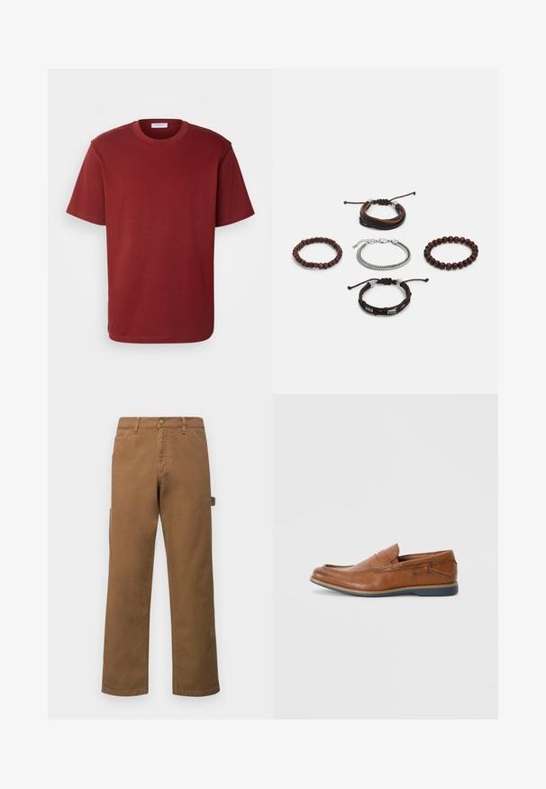 Lindbergh O NECK TEE OVERSIZE - T-shirts - dark red; Brune bomulls cargobukser med rette ben, med sidelommer og metallknapp-lukking i midjen. Glatt tekstur og uformelt design.; Brune skinnloafers med rund tå, broderte detaljer og såle i gummi. Designet har et bånd over vristen.; Sett med fem armbånd som inkluderer brunt lær, treperler og en sølvkjede; ulike teksturer og former, med justerbare lukkinger.