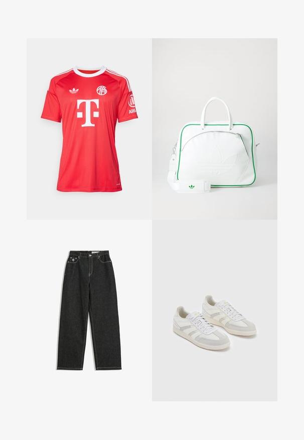 adidas Performance FC BAYERN 2025/2026 THIRD GOALKEEPER JERSEY - Klub merchandise - pure ruby; Sorte straight-leg jeans med hvid syning, fem lomme-design, knap- og lynlåslukning samt et lille logo på den frontale højre lomme.; Hvide sneakers med lysegrå nubuck-detaljer og striber, der har en struktureret stofoverdel, flade snørebånd og en gummisål.; Hvid lædertaske med grønne kanter, der har et fremtrædende præget logo, dobbelte håndtag, en aftagelig strop og en lynlåslomme foran.