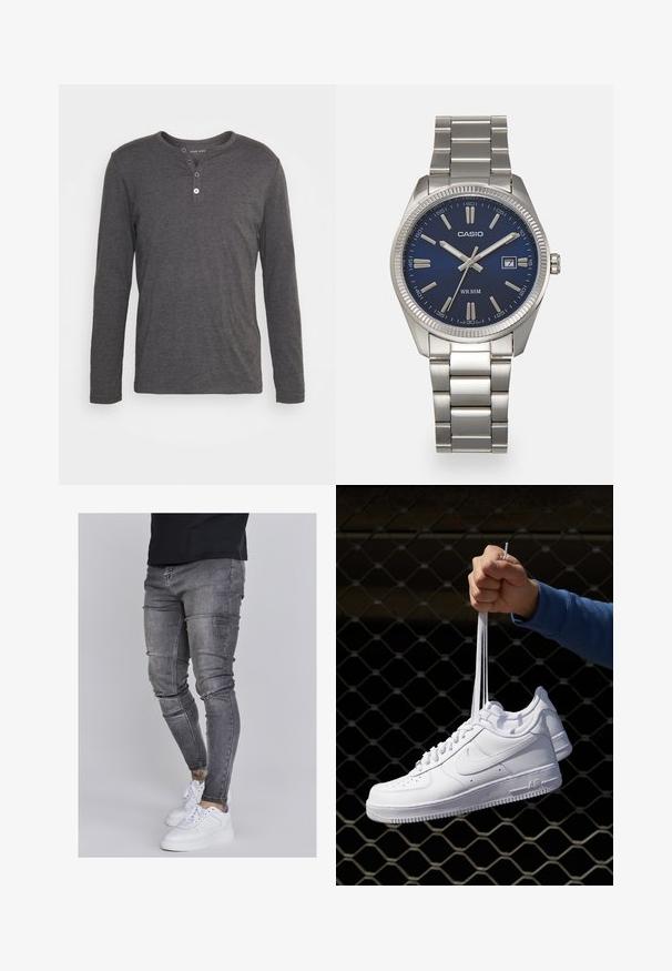 Dlouhý rukáv, tmavě šedý henley tričko vyrobené z měkké tkaniny, s kulatým výstřihem, zapínáním na tři knoflíky a standardním střihem.; Slim fit džíny v bledě šedém denimovém provedení, s opotřebovanými detaily na kolenou, kombinované s bílými teniskami. Hladká textura, těsný střih.; Bílé kožené tenisky s perforacemi, kulatou špičkou, plochou podrážkou a silnými tkaničkami, které mají viditelné logo swoosh a nápis "AIR" na patě.; Stříbrný nerezový náramkový hodinky s navy modrým ciferníkem, kovovými hodinovými značkami a oknem pro datum na hodině 3. Vodotěsné do 50 metrů.