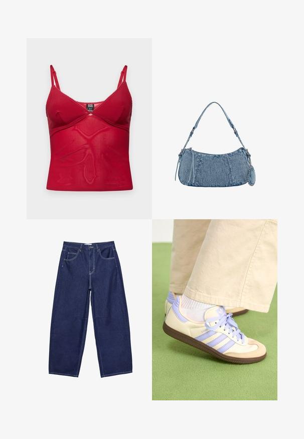 Punainen toppi, joka on valmistettu läpikuultavasta kankaasta, jossa on säädettävät olkaimet, aaltoileva reuna ja tiukka muotoilu ristipaneelidetaililla.; Tummansiniset farkkuisot, joissa on leveät lahkeet ja korkea vyötärö, viisi taskua sekä kontrastivalkoinen ompelu. Suora pinta, klassinen muotoilu.; Kermasilta ja laventelilta näyttävät lenkkarit kolmella raidalla ja teksturoidulla ruskealla pohjalla, varustettuna nauhoilla ja pehmustetulla kantapäällä. Pehmeä kangaspinta.; Denim-käsilaukku, jossa on kaareva muoto, vaaleansininen väri, säädettävä olkahihna ja pieni irrotettava pussukka metallikoristeilla.