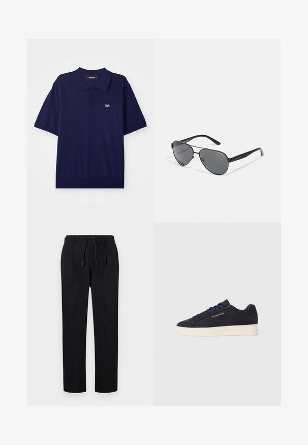 Marineblå kortærmet polo-shirt, lavet af blødt stof, med krave, tre knapper og et lille broderet "D2" logo på brystet.; Sorte bukser lavet af glat stof, med snor i taljen, lige ben og frontfolder for et struktureret udseende.; Mørkeblå ruskinds lavtop sneaker med hvid sål, mørkeblå snørebånd og "Filling Pieces" logo i guld på siden.; Sorte aviator solbriller med mørke linser, tynd metalramme og slanke plastikstænger med logo detaljer.