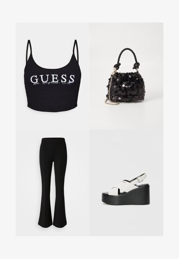 Guess SUNFLOWER - Top - black; Pantaloni neri a zampa d'elefante realizzati in un materiale elastico con una texture liscia, caratterizzati da dettagli delle cuciture lungo la parte anteriore per un tocco di design in più.; Sandali platform bianchi con base nera, caratterizzati da un design con cinturino incrociato e fibbia alla caviglia regolabile. Texture liscia, forma moderna.; Mini borsa a tracolla nera in paillettes con una tracolla texturizzata annodata e catena argentata. Forma rotonda con parte superiore arricciata e dettagli riflettenti.