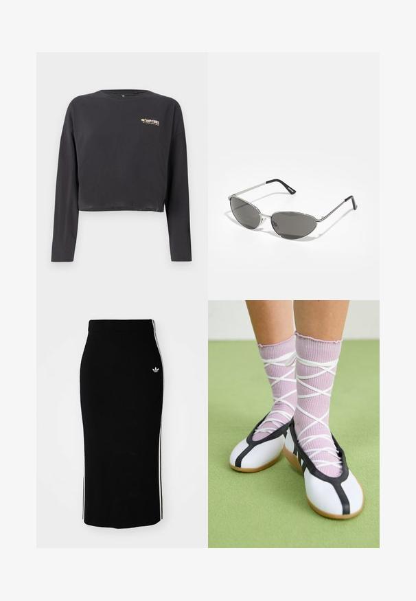 Zúžené tričko s dlhým rukávom z tmavosivej bavlny, s malým, multikolórovým logom Rip Curl na hrudi a voľným strihom.; Čierna rebrovaná midi sukňa s priliehajúcim strihom, s bielymi bočnými pruhmi a malým bielym emblémom na ľavej strane.; Biele ploché topánky s čiernymi ozdobami a podrážkou, doplnené svetlopurpurovými rebrovanými ponožkami s bielymi krížovými pásikmi. Umiestnené na zelenom pozadí.; Slnečné okuliare s elegantným, strieborným kovovým rámom, sivými tónovanými sklami a aerodynamickým dizajnom s ostrými hranami a tenkými rámikmi.; Zlaté kruhové náušnice, tenké a okrúhleho tvaru, s hladkým kovovým povrchom a bez ozdôb alebo vzorov.