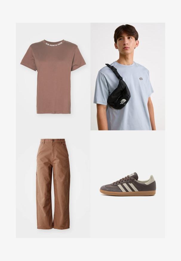 The North Face ZUMU TEE - Marškinėliai su spaudiniu - smokey brown; Rudos plačiakelnės kelnės pagamintos iš tvirto audinio. Yra aukštas liemuo, priekiniai kišeniai ir subtilūs siuvimo akcentai.; Rudos odinės sportinės bateliai su trimis šviesiomis juostelėmis, guminėmis apačiomis, apvaliu nosiu ir tekstūruotais zomšos akcentais ant kulno ir nosies.; Juodas nailoninis per petį dėklas su reguliuojamu dirželiu, išryškintu baltu logotipu. Nešiojamas ant šviesiai mėlynos marškinėlių. Paprastas, funkcionalus dizainas.