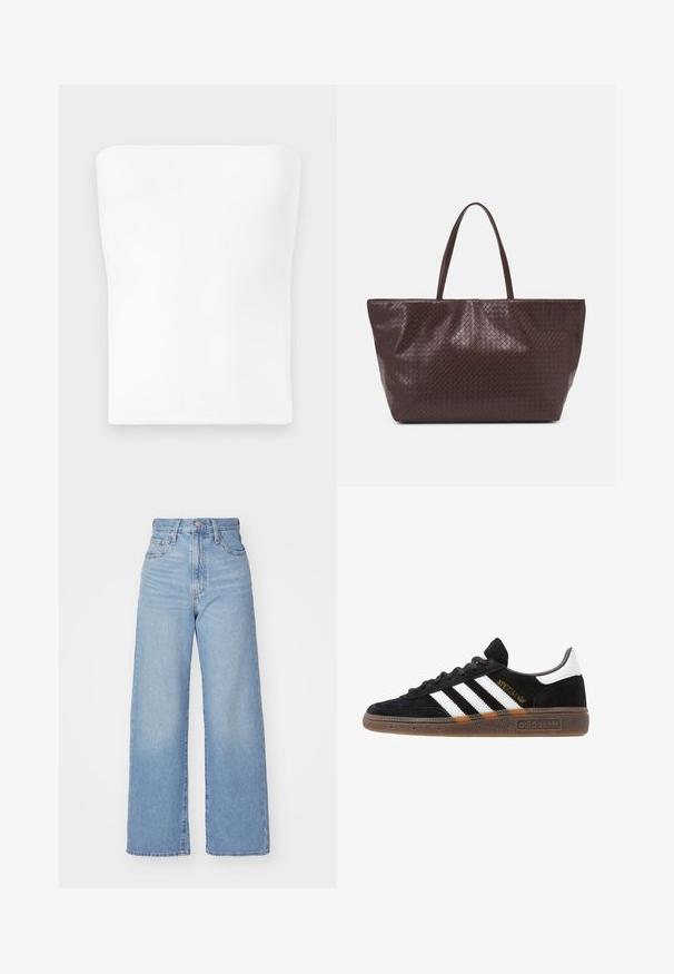 Biały top bez ramiączek wykonany z gładkiego, elastycznego materiału. Ma prosty dekolt i dopasowany krój bez widocznych szwów czy zdobień.; Jasnoniebieskie jeansy z wysokim stanem i szerokimi nogawkami, z zapięciem na guziki i zamek z przodu, przednie i tylne kieszenie, na białym tle.; Czarny sneaker Adidas z białymi paskami, złotym napisem "Spezial", gumową podeszwą i białym elementem przy pięcie, przedstawiony w widoku z profilu.; Brązowa pleciona torba na ramię ze skórzanym wykończeniem, z dwoma uchwytami, o usztywnionym kształcie i teksturowanej powierzchni, z charakterystycznym wzorem w diamenty.