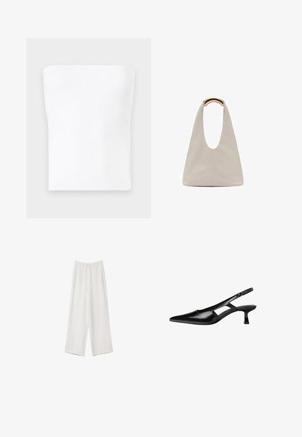 Valkoinen olkaimeton toppi, joka on valmistettu sileästä, joustavasta kankaasta. Siinä on suora pääntie ja tiukka muotoilu, jossa ei ole näkyviä saumoja tai koristeita.; Valkoiset leveälahkeiset housut kevyestä kankaasta. Ominaisuuksiin kuuluu elastinen vyötärö, jossa on nauhakuuluma ja sivutaskut. Sileä rakenne.; Mustat lakatut nahkakengät, joissa on viistopää, leikattu sivusuunnassa ja pieni neliökoroke. Sujuva pinta, jossa on minimaalinen koristelu.; Vaalea harmaa nahkalaukku, jossa on U-muotoinen muotoilu ja kaareva metallikahva. Suora pinta, jossa on minimaalinen ompelu ja ei näkyviä kuvioita.