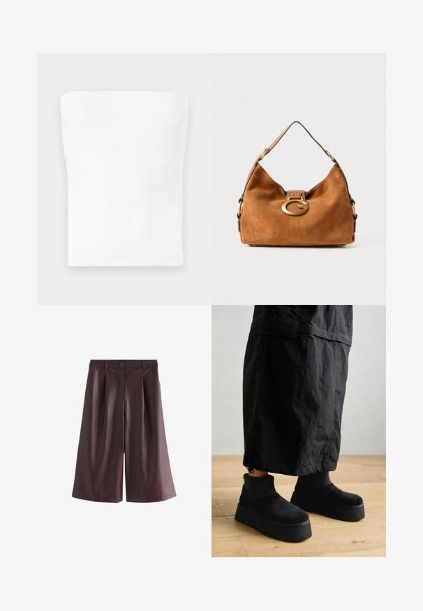 Top bianco senza spalline realizzato in tessuto liscio e elastico. Ha una scollatura dritta e un design aderente senza cuciture visibili o decorazioni.; Shorts ampi in finta pelle marrone con tasche frontali, passanti per cintura e chiusura con bottone.; Stivali alla caviglia neri con piattaforma, realizzati in morbido suede con una finitura liscia e una suola spessa. Presentano una texture a coste e un accento neon sul tallone.; Borsa in suede marrone con forma arrotondata, chiusura in metallo dorato e rifiniture nere a contrasto. Dotata di una singola tracolla per il trasporto.