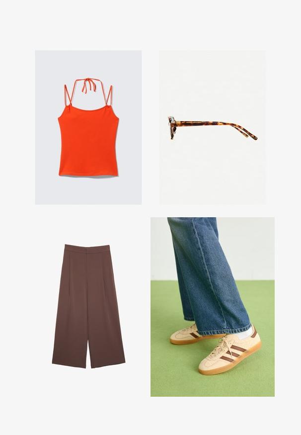 Top arancione senza maniche con spalline sottili. Progettato con una silhouette aderente, texture liscia e dettaglio regolabile con legatura sul retro.; Pantaloni ampi marroni con una texture liscia, caratterizzati da una vita alta e pieghe frontali. Il tessuto è leggero e scorre liberamente.; Sneakers beige con pannelli texturizzati crema e strisce marroni, abbinati a jeans in denim blu. I jeans hanno un taglio largo e orlo sfilacciato.; Occhiali da sole tartarugati con una montatura spessa, tempie leggermente curve e superficie liscia. Presentano un design classico con una finitura lucida.; Borsa a tracolla in pelle marrone con forma curvata, hardware dorato e un dettaglio con fibbia. Presenta una tracolla rimovibile.