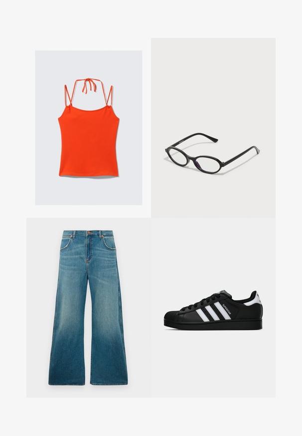 Narancssárga, ujjatlan felső vékony pántokkal. Feszes sziluettel, sima textúrával és állítható, háttámaszra kötődő részlettel tervezték.; Magas derékú kék farmernadrág, bő szárakkal, elülső zsebekkel, gombos záródással és a deréktól a szegélyig fokozatosan elhalványuló színátmenettel.; Fekete Adidas Superstar sportcipő fehér csíkokkal, kagyló orral és "Superstar" felirattal az oldalán, oldalról bemutatva, fehér háttér előtt.; Fekete ovális keretű szemüveg, átlátszó lila díszítéssel a lencséken. A keretek matt felületűek, és karcsú, egyenes szárakkal rendelkeznek.