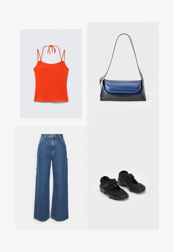 Oransje, ermeløs topp med tynne stropper. Designet med en tettsittende silhuett, glatt tekstur og justerbart bånddetalje bak.; Videbeinete blå denimbukser med høy midje, kontraststing, og sidelommer, med et klassisk fem-lommers design og rå kanter.; Svarte vannsko laget av fleksibelt stoff med borrelås, med et unikt delt tå-design og teksturert gummisåle for bedre grep.; Marineblå lærveske med en glatt overflate, med en avrundet form, foldet topp og en enkelt skulderrem. Sølvfarget detaljer er inkludert.; Gulltone digital klokke med oktagonal urskive, gummiert band, LCD-skjerm som viser tid og dato, samt knapper på siden for innstillinger.