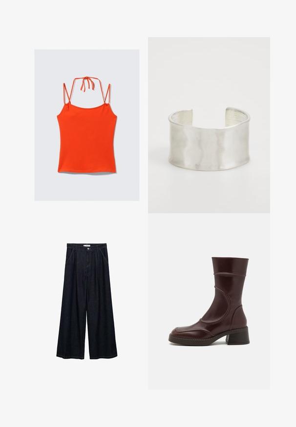 Orangenes, ärmelloses Top mit dünnen Trägern. Entworfen mit einer figurbetonten Silhouette, glatter Textur und verstellbarem Bindedetail im Rücken.; Dunkelblaue, weite High-Waist-Hosen aus Denim mit einem Knopfverschluss vorne, zwei Seitentaschen und Nähdetails.; MIISTA MALENE - Stiefelette - brown; Zign Armband - silver-coloured