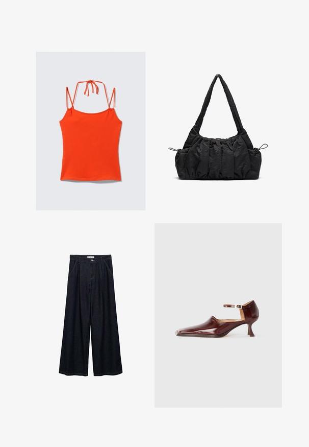 Orangenes, ärmelloses Top mit dünnen Trägern. Entworfen mit einer figurbetonten Silhouette, glatter Textur und verstellbarem Bindedetail im Rücken.; Dunkelblaue, weite High-Waist-Hosen aus Denim mit einem Knopfverschluss vorne, zwei Seitentaschen und Nähdetails.; Burgunderfarbenes Lackleder-Schuhwerk mit einer spitzen Zehe, Knöchelriemen und einem 5 cm hohen, konisch zulaufenden Absatz. Glatte Textur und minimalistisches Design.; Schwarze Stoffhandtasche mit geraffter Textur, zwei Schulterträgern und Kordelzugverschluss an den Seiten. Glattes, leichtes Material.