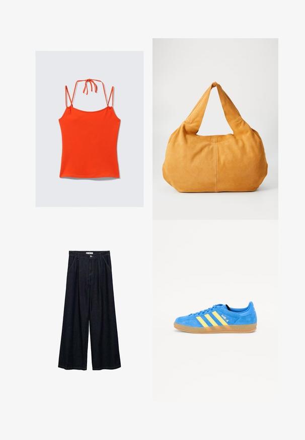 Oranssi, hihaton toppi ohuilla olkaimilla. Suunniteltu istuvaksi siluetiksi, sileäksi rakenteeksi ja säädettävällä solmittavalla yksityiskohdalla selässä.; Tummat farkku leveälahkeiset housut korkealla vyötäröllä, joissa on etunapit, kaksi sivutaskua ja ompeluyksityiskohtia.; Siniset mokkanahka sneakersit, joissa on keltaiset raidat, kumipohja ja "Gazelle" -merkintä. Pyöristetty varvas ja nauhakiinnitys.; Suuri olkalaukku, joka on valmistettu pehmeästä sinapinkeltaisesta mokasta. Laukussa on pyöreä muoto, kaksi leveää ja pitkää kantokahvaa sekä ommeltuja yksityiskohtia.