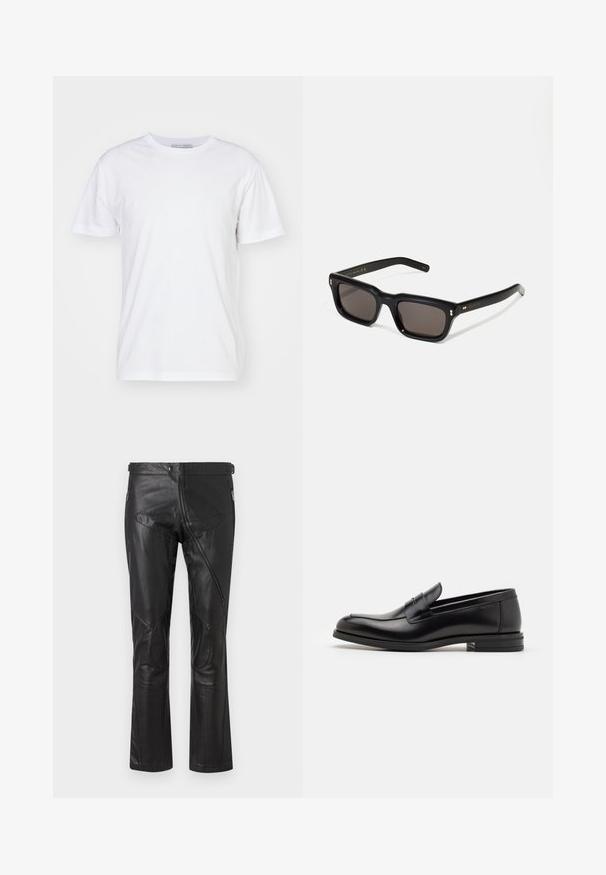 Balta medvilnė marškinėliai su apvalia iškirpte, trumpomis rankovėmis ir tiesiu siluetu. Be raštų ar dekoracijų, lygi tekstūra ir paprastas dizainas.; Juodi odiniai kelnių su tiesiu kirpimu, su užtrauktukais kišenėse, kelio pleistrais ir reguliuojamo liemens detalėmis. Lygus paviršius.; Juodos odinės loafers, turinčios lygų paviršių, apvalią noselę ir dekoratyvinę juostą per priekinę dalį. Žemas krentantis kulnas, minimalistinis dizainas.; Juodos stačiakampės akinių nuo saulės su tamsiais objektyvais, storu plastiko rėmu, auksinėmis detalėmis ant šventyklų ir prekės ženklo logotipu išgraviruotu ant šono.