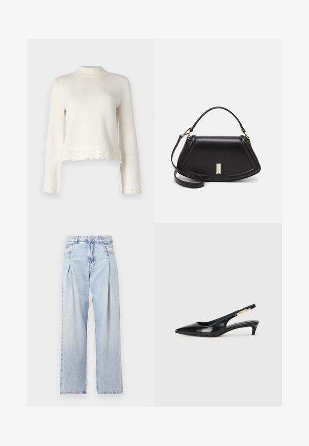 Weißer gestrickter Pullover mit langen Ärmeln, hohem Kragen und gewelltem Spitzenrand am Saum. Weiche Textur mit einem kurzen Design.; Helle blaue Denim-Jeans mit hoher Taille, weitem Beinschnitt, zwei seitlichen Taschen und gefaltetem Design. Weiche Textur mit einem ausgebleichten Finish.; Schwarze Leder-Slingback-Pumps mit spitzem Schuhblatt, ausgestattet mit einem schlanken Absatz und einem goldfarbigen Akzent am verstellbaren Riemen. Glatte Textur.; Schwarze Lederhandtasche mit einem strukturierten Design, das eine verkürzte Form, einen oberen Griff und goldfarbene Hardware-Details aufweist. Verstellbarer Schulterriemen ist enthalten.