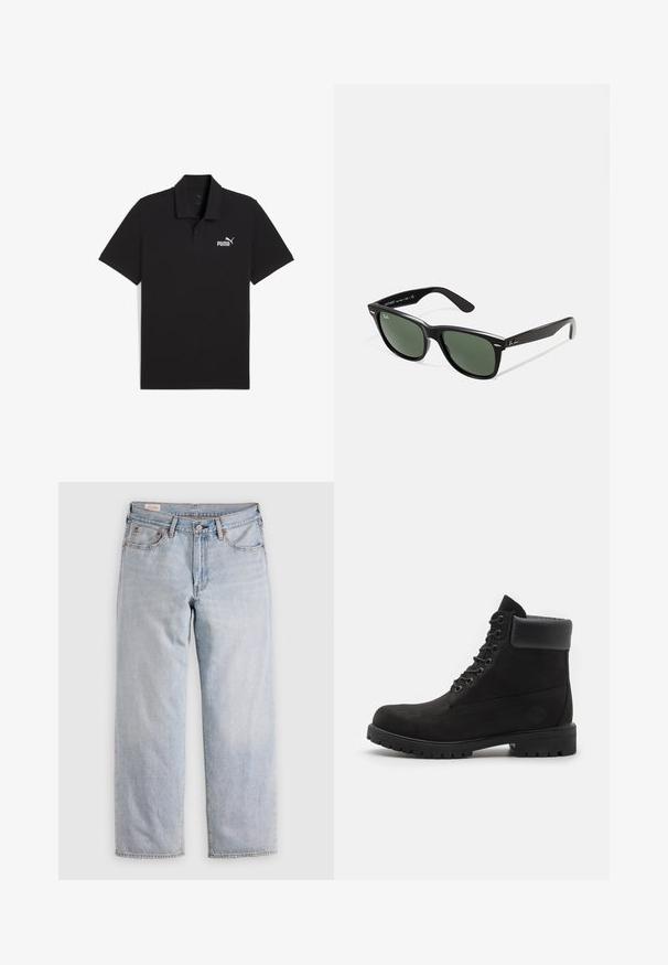 Mustapaita, joka on valmistettu puuvillasta, klassisella kauluksella, lyhyillä hihoilla ja vasemmassa rinnassa Valkoinen Puma-logo. Sileä rakenne.; Vaaleansiniset suorat farkut, joissa on korkea vyötärö, nappikiinnitys ja etu- ja takataskut, esillä tasaisella pinnalla.; Mustat nauhalla kiinnitettävät nilkkurit, joissa on pehmustettu kaulus ja jämäkkä pohja, esitettynä profiloituna valkoista taustaa vasten.; Mustat muoviset aurinkolasit, joissa on vihreät linssit, neliönmuotoiset kehykset, hopeinen yksityiskohta kulmakarvojen kohdalla sekä tekstuuriset temppeleiden varret. Brändi ilmoitettu sisävarsissa.