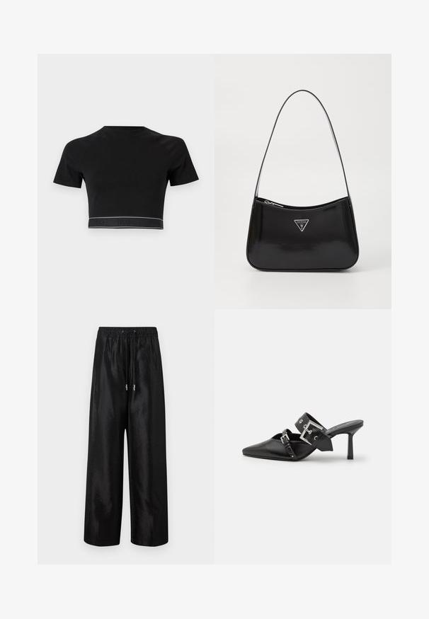 Černé zkrácené tričko s krátkými rukávy, kulatým výstřihem a kontrastním logem na spodním lemu s nápisem "HUGO" v černé na tmavém pozadí.; Černé kalhoty širokého střihu vyrobené z lesklé látky s elastickým pasem a šňůrkou na stažení, pořené stříbrnými detaily.; Černé muly na vysokém podpatku s špičatou špičkou, vyrobené z hladké kůže. Mají široký pás kolem kotníku se čtvercovou stříbrnou sponou a cvočky.; Černá lakovaná kůže na ramenní tašce s prohnutým tvarem, vyznačující se stříbrným trojúhelníkovým logem a zipovým uzavřením. Hladký povrch a úzký popruh.